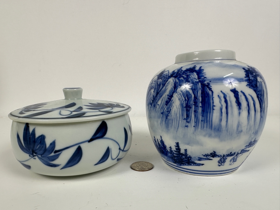 Just Added - Chinese Hand Painted Blue & White Signed Porcelain Vase 4.75H (R) And Vintage Signed Asian Covered Porcelain Box [Photo 2]