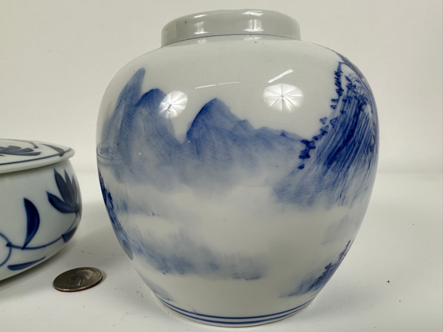 Just Added - Chinese Hand Painted Blue & White Signed Porcelain Vase 4.75H (R) And Vintage Signed Asian Covered Porcelain Box [Photo 8]