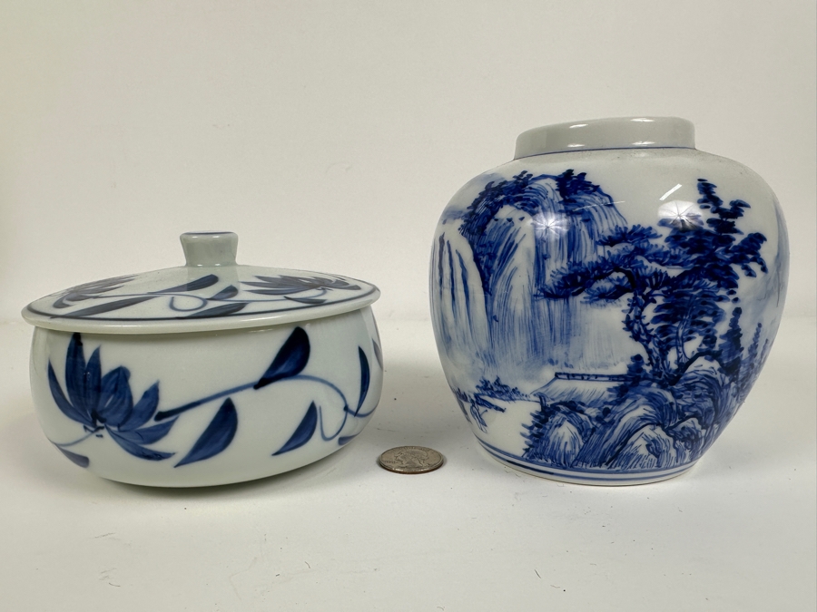 Just Added - Chinese Hand Painted Blue & White Signed Porcelain Vase 4.75H (R) And Vintage Signed Asian Covered Porcelain Box [Photo 5]