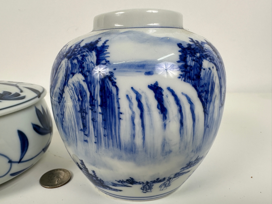 Just Added - Chinese Hand Painted Blue & White Signed Porcelain Vase 4.75H (R) And Vintage Signed Asian Covered Porcelain Box [Photo 3]