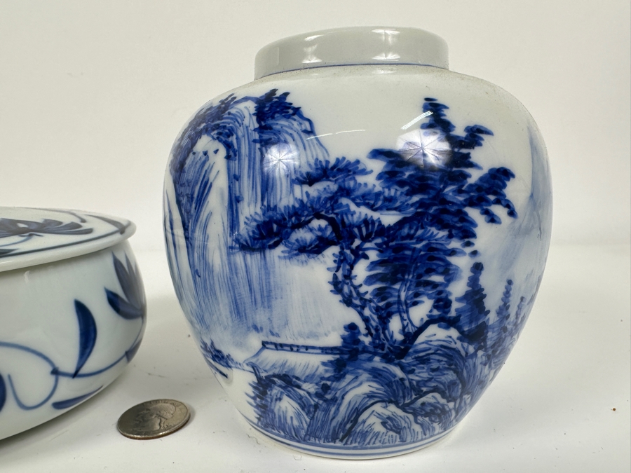 Just Added - Chinese Hand Painted Blue & White Signed Porcelain Vase 4.75H (R) And Vintage Signed Asian Covered Porcelain Box [Photo 6]