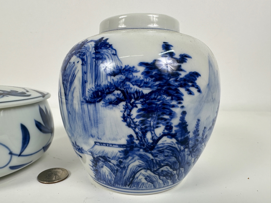Just Added - Chinese Hand Painted Blue & White Signed Porcelain Vase 4.75H (R) And Vintage Signed Asian Covered Porcelain Box [Photo 4]