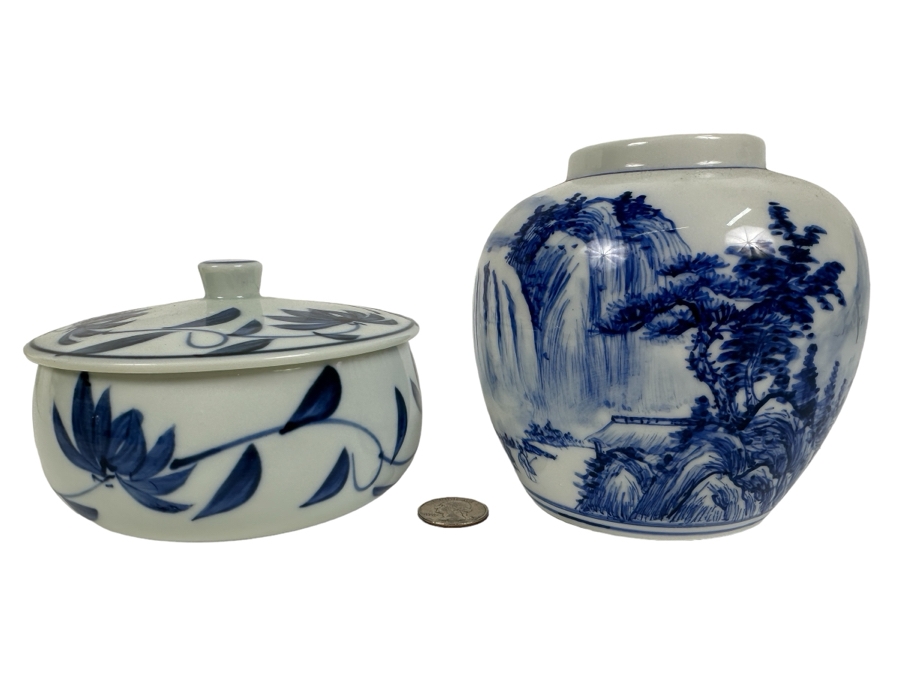 Just Added - Chinese Hand Painted Blue & White Signed Porcelain Vase 4.75H (R) And Vintage Signed Asian Covered Porcelain Box [Photo 1]