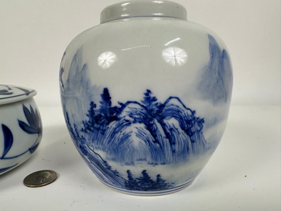 Just Added - Chinese Hand Painted Blue & White Signed Porcelain Vase 4.75H (R) And Vintage Signed Asian Covered Porcelain Box [Photo 7]