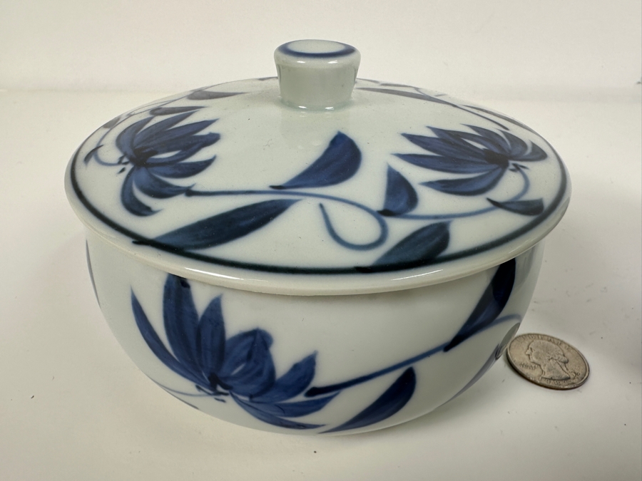 Just Added - Chinese Hand Painted Blue & White Signed Porcelain Vase 4.75H (R) And Vintage Signed Asian Covered Porcelain Box [Photo 11]