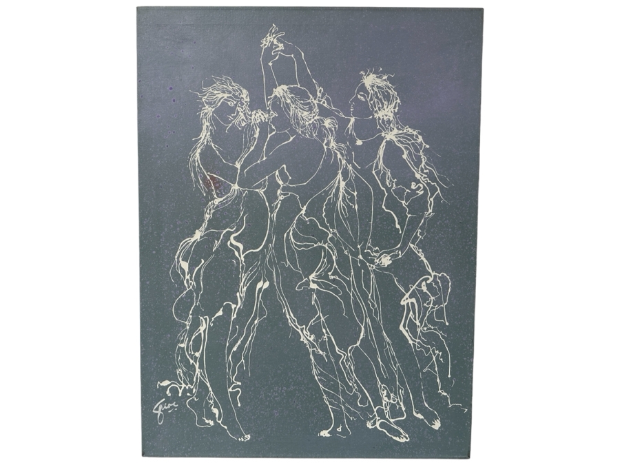 Gerrit Greve (1948-2024, Cardiff by the Sea, CA) Original Mixed Media Silkscreen With Hand Painted Background Painting On Canvas Titled 'Dancing Muses' Signed Bottom Left 30 X 40 Estimate $300 - $600 [Photo 1]