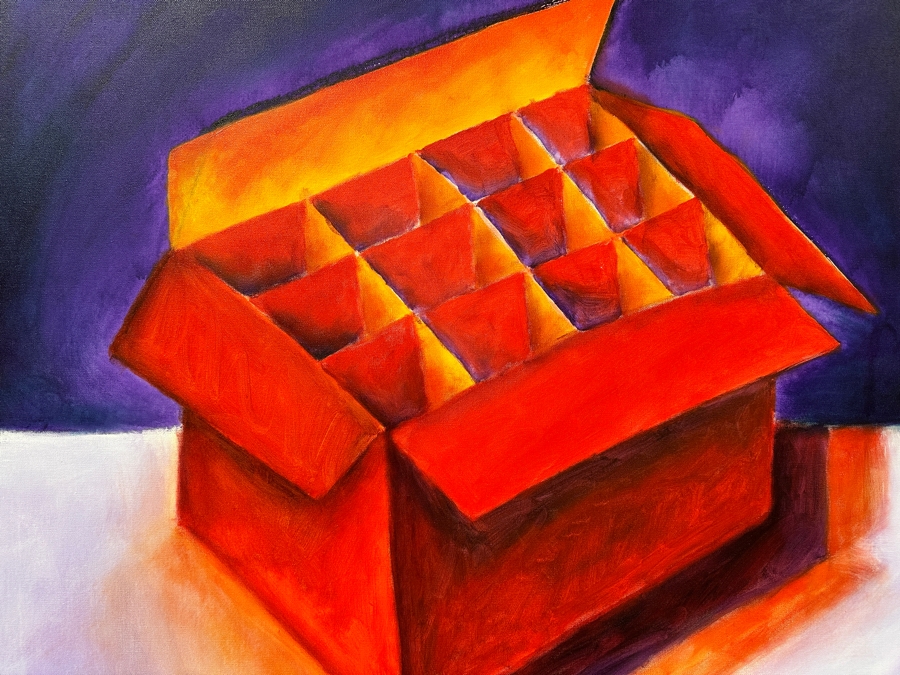Gerrit Greve (1948-2024, Cardiff by the Sea, CA) Original Acrylic Painting On Canvas Titled 'Box Series - Red Box on White and Purple' 2022 Signed Verso 36 X 36 Estimate $1,300 - $1,600 [Photo 2]