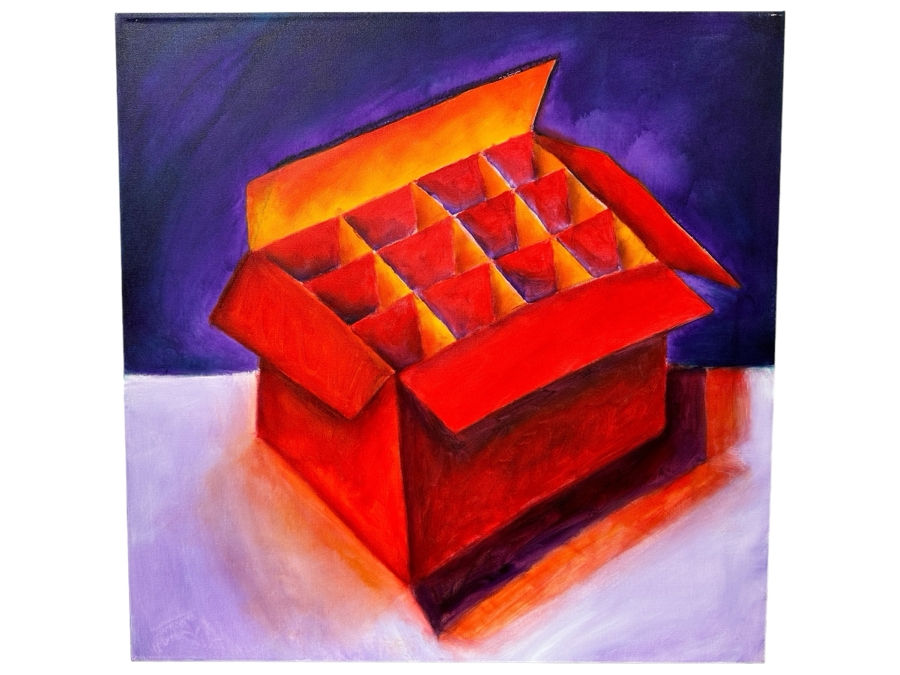 Gerrit Greve (1948-2024, Cardiff by the Sea, CA) Original Acrylic Painting On Canvas Titled 'Box Series - Red Box on White and Purple' 2022 Signed Verso 36 X 36 Estimate $1,300 - $1,600