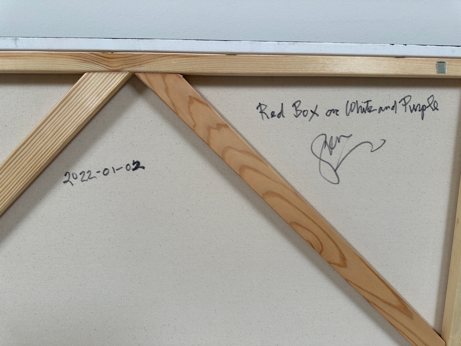 Gerrit Greve (1948-2024, Cardiff by the Sea, CA) Original Acrylic Painting On Canvas Titled 'Box Series - Red Box on White and Purple' 2022 Signed Verso 36 X 36 Estimate $1,300 - $1,600 [Photo 8]