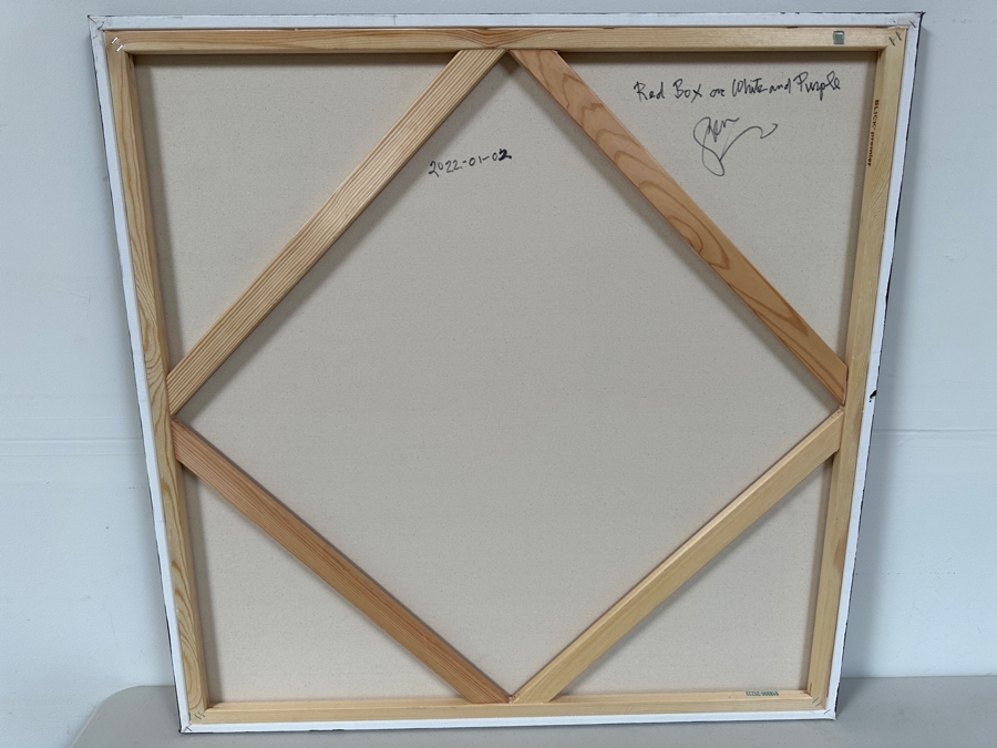 Gerrit Greve (1948-2024, Cardiff by the Sea, CA) Original Acrylic Painting On Canvas Titled 'Box Series - Red Box on White and Purple' 2022 Signed Verso 36 X 36 Estimate $1,300 - $1,600 [Photo 7]