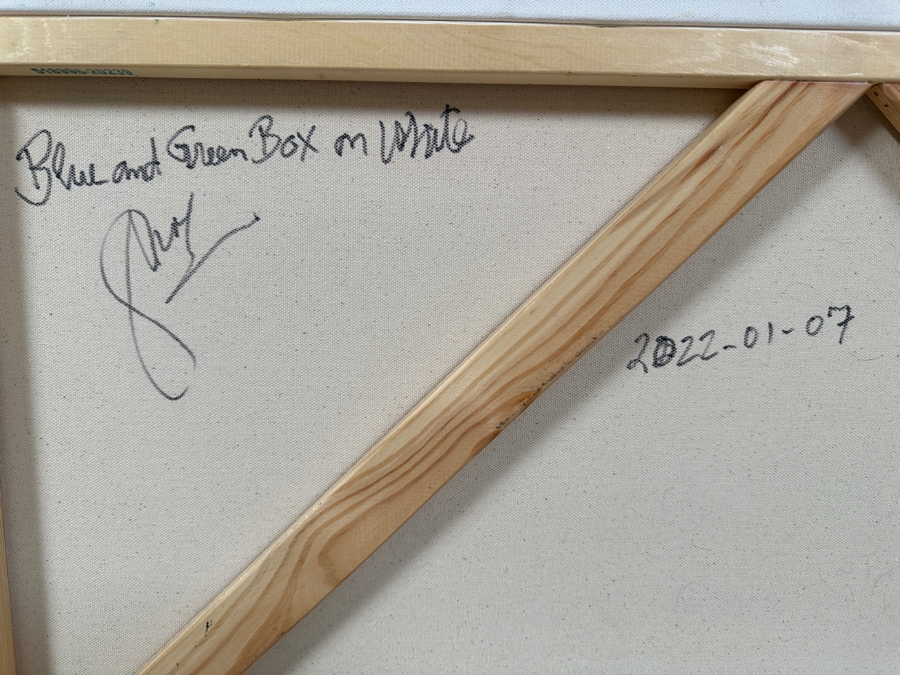 Gerrit Greve (1948-2024, Cardiff by the Sea, CA) Original Acrylic Painting On Canvas Titled 'Box Series - Blue and Green on White' 2022 Signed Verso 36 X 36 Estimate $1,300 - $1,600 [Photo 5]