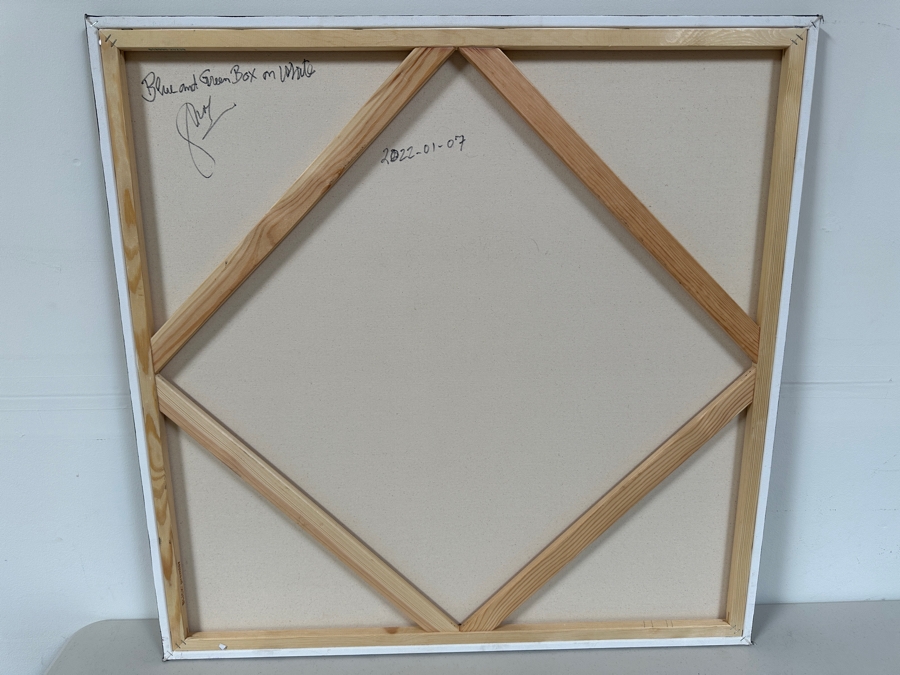 Gerrit Greve (1948-2024, Cardiff by the Sea, CA) Original Acrylic Painting On Canvas Titled 'Box Series - Blue and Green on White' 2022 Signed Verso 36 X 36 Estimate $1,300 - $1,600 [Photo 4]