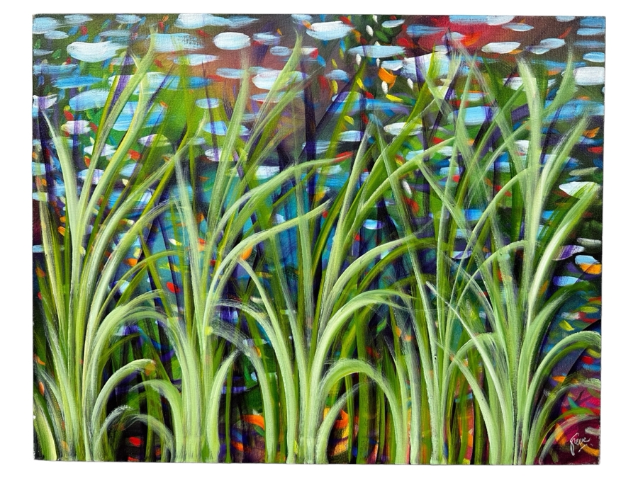Gerrit Greve (1948-2024, Cardiff by the Sea, CA) Original Acrylic Painting On Canvas Titled 'Reeds at Water's Edge 5' 2017 Signed Bottom Right and Verso 28 X 22 Estimate $600 - $800