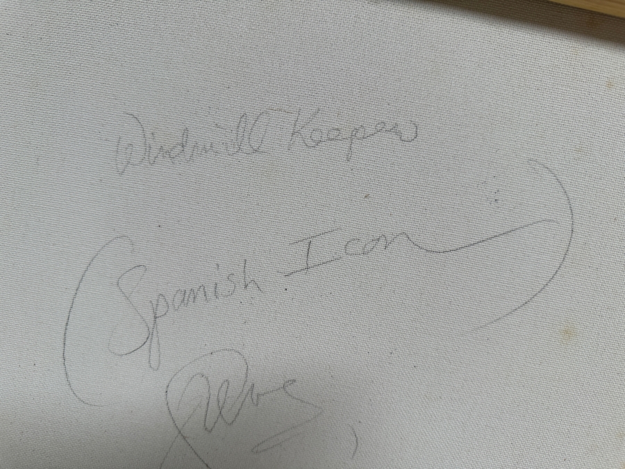 Gerrit Greve (1948-2024, Cardiff by the Sea, CA) Original Acrylic Painting On Canvas Titled 'Windmill Keeper (Spanish Icon) - Calligraphy Collection' Signed Verso 16 X 20 Estimate $300 - $400 [Photo 7]