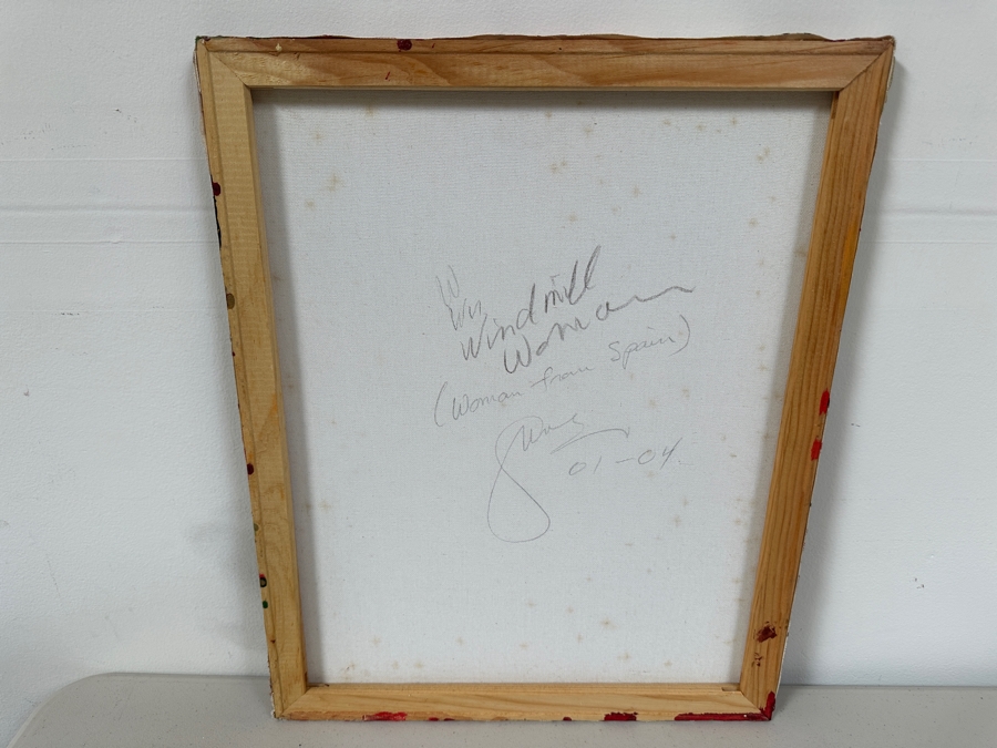 Gerrit Greve (1948-2024, Cardiff by the Sea, CA) Original Acrylic And Sand Painting On Canvas Titled 'Windmill Woman (Woman from Spain) - Calligraphy Collection' 2004 Signed Verso 16 X 20 Estimate $300 - $400 [Photo 6]