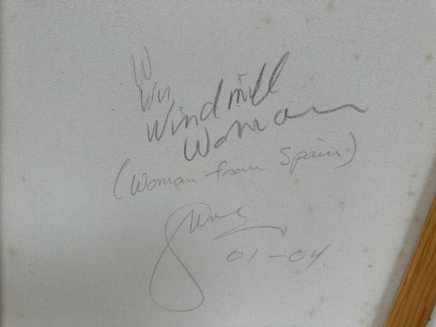 Gerrit Greve (1948-2024, Cardiff by the Sea, CA) Original Acrylic And Sand Painting On Canvas Titled 'Windmill Woman (Woman from Spain) - Calligraphy Collection' 2004 Signed Verso 16 X 20 Estimate $300 - $400 [Photo 7]