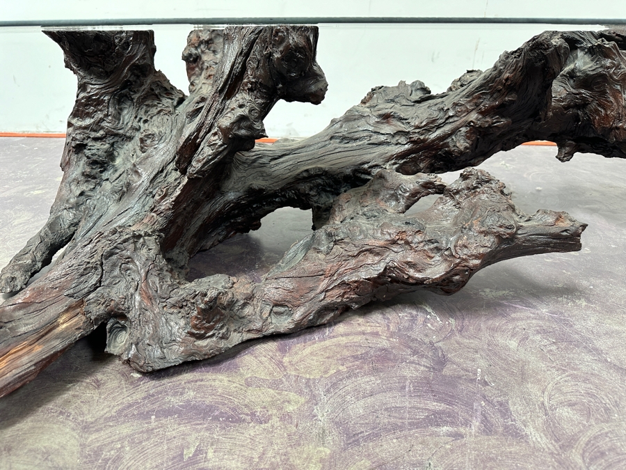 Just Added - Organic Sculptural Tree Root Base Cocktail Coffee Table With Glass Top 69W X 39D X 16H [Photo 7]