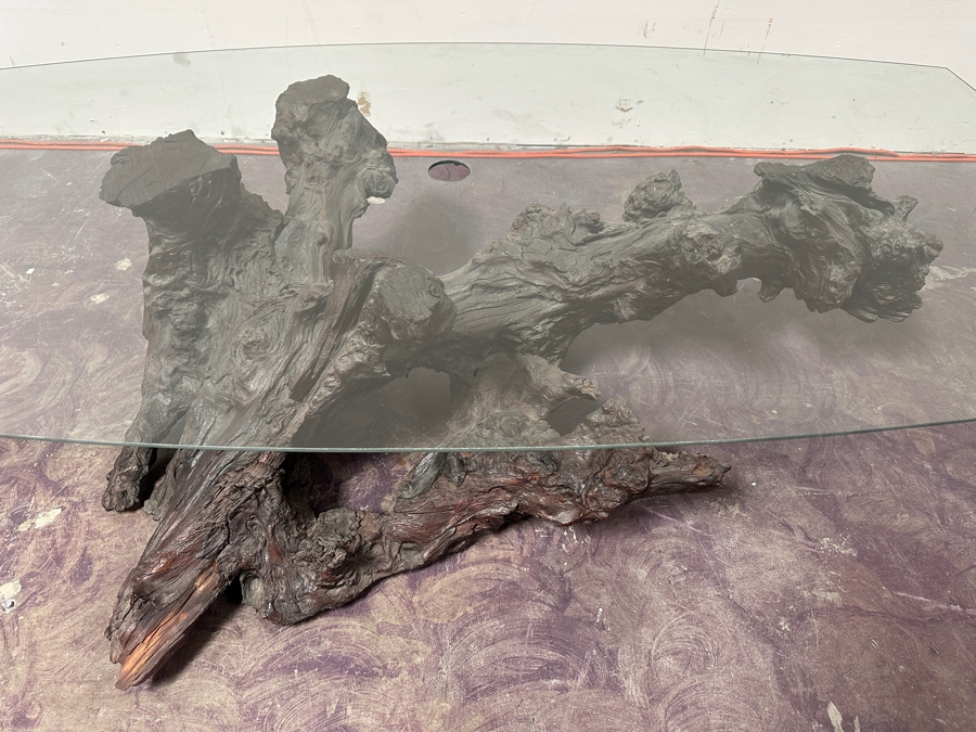 Just Added - Organic Sculptural Tree Root Base Cocktail Coffee Table With Glass Top 69W X 39D X 16H [Photo 3]