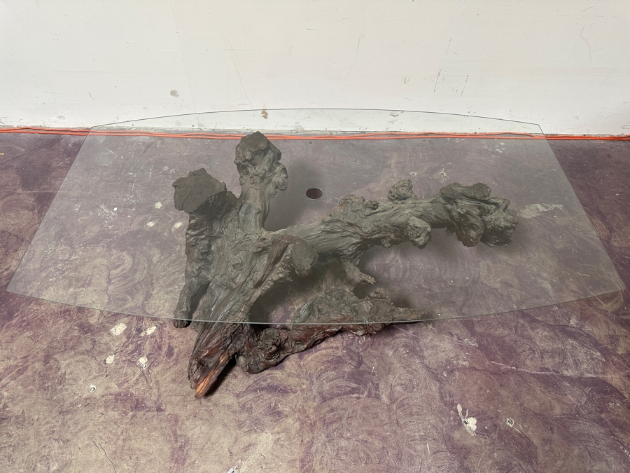 Just Added - Organic Sculptural Tree Root Base Cocktail Coffee Table With Glass Top 69W X 39D X 16H [Photo 5]
