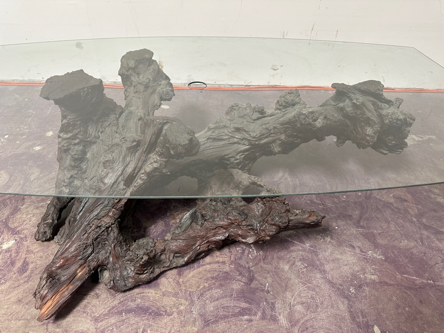 Just Added - Organic Sculptural Tree Root Base Cocktail Coffee Table With Glass Top 69W X 39D X 16H [Photo 2]