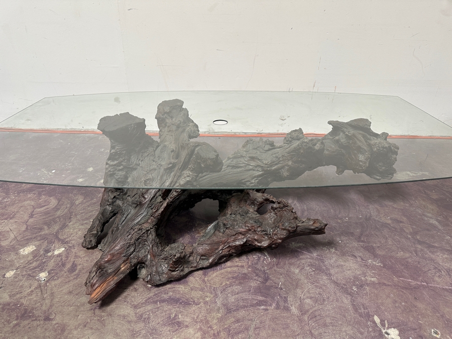 Just Added - Organic Sculptural Tree Root Base Cocktail Coffee Table With Glass Top 69W X 39D X 16H [Photo 6]
