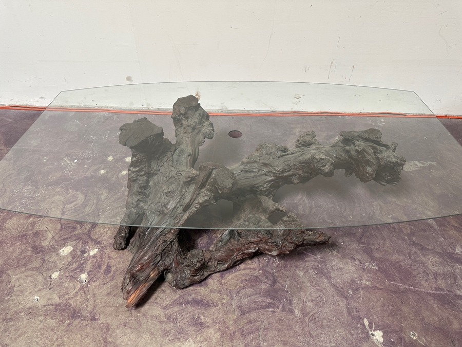 Just Added - Organic Sculptural Tree Root Base Cocktail Coffee Table With Glass Top 69W X 39D X 16H [Photo 4]
