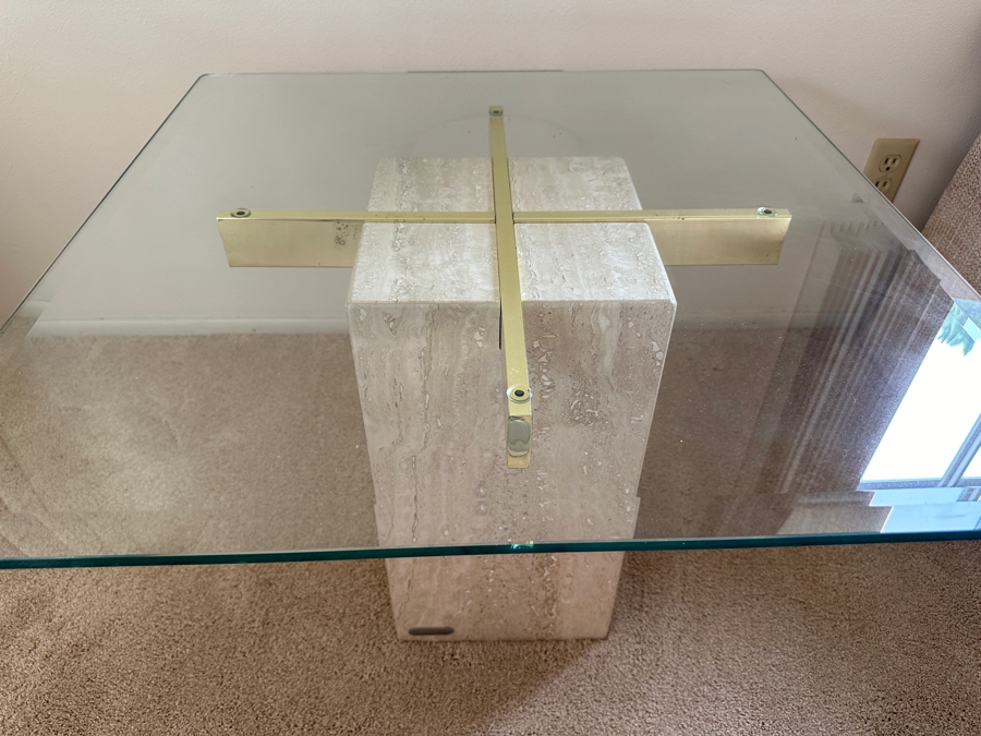 Just Added - Vintage Italian ARTEDI Travertine Side Table (Slight Chip In Bottom - See Photos) 27.75W X 27.75D X 20.5H [Photo 2]