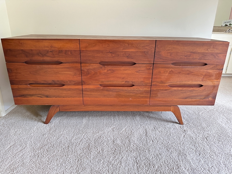 Just Added - Vintage Mid-Century Modern Solid Walnut Dresser / Credenza 9-Drawer Dresser 66W X 19D X 29H [Photo 2]