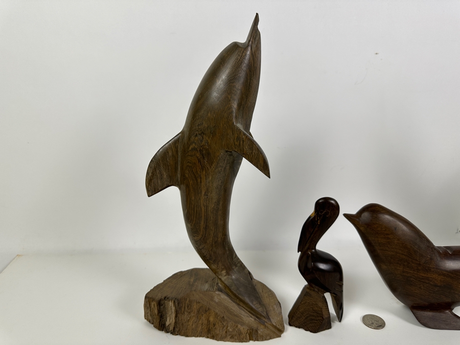 Just Added - Four Vintage Hand Carved Ironwood Nautical Figurines: Dolphin, Pelican, Sea Lion & Marlin/Sailfish 13H [Photo 2]