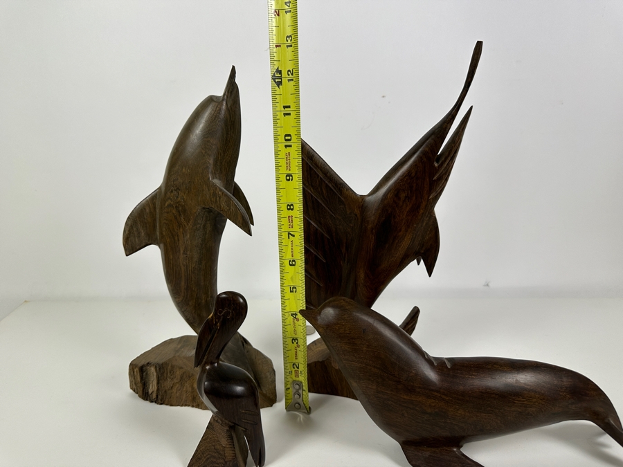 Just Added - Four Vintage Hand Carved Ironwood Nautical Figurines: Dolphin, Pelican, Sea Lion & Marlin/Sailfish 13H [Photo 9]