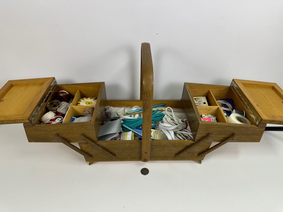 Just Added - Vintage Wooden Accordian Sewing Box With Sewing Supplies 15W X 8D X 13H [Photo 3]