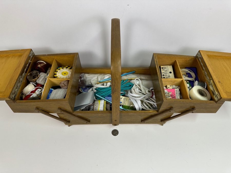 Just Added - Vintage Wooden Accordian Sewing Box With Sewing Supplies 15W X 8D X 13H [Photo 4]