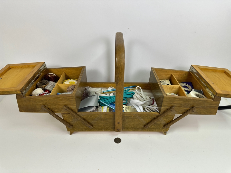 Just Added - Vintage Wooden Accordian Sewing Box With Sewing Supplies 15W X 8D X 13H [Photo 5]