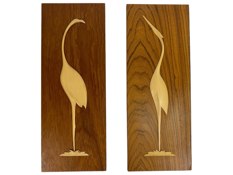 Just Added - Pair Of Mid-Century Modern Wooden Egret Wall Plaques 6.5W X 16.5H
