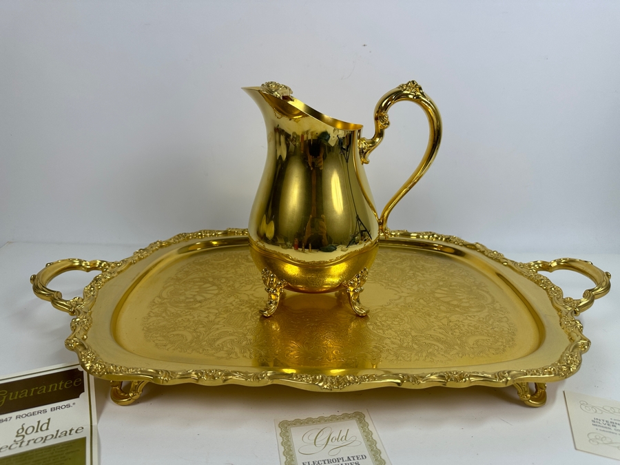 Just Added - Gold Plated Webster-Wilcox International Silver Co Water Pitcher And Gold Plated Serving Tray 25 X 14.5 [Photo 3]