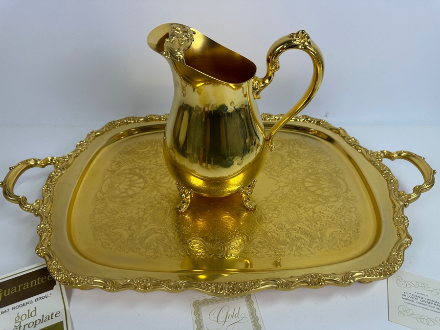 Just Added - Gold Plated Webster-Wilcox International Silver Co Water Pitcher And Gold Plated Serving Tray 25 X 14.5 [Photo 2]
