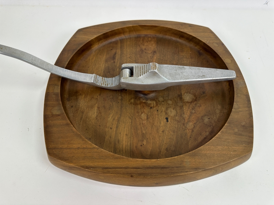 Just Added - Vintage MCM Solid Walnut Bowl With Attached Nutcracker 12 X 12 X 3.5H [Photo 3]
