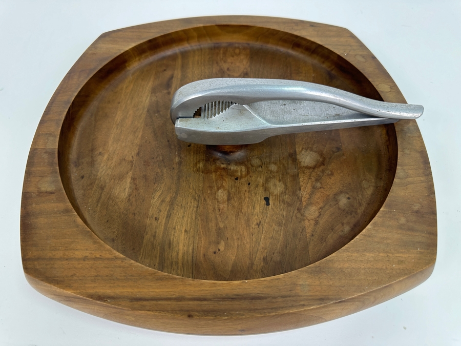 Just Added - Vintage MCM Solid Walnut Bowl With Attached Nutcracker 12 X 12 X 3.5H [Photo 2]
