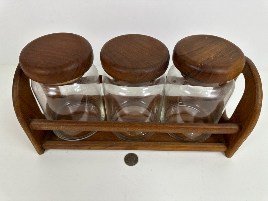 Just Added - Vintage Teak Holder With Three Teak Lidded Glass Jars 13.5W X 5D X 7H [Photo 3]