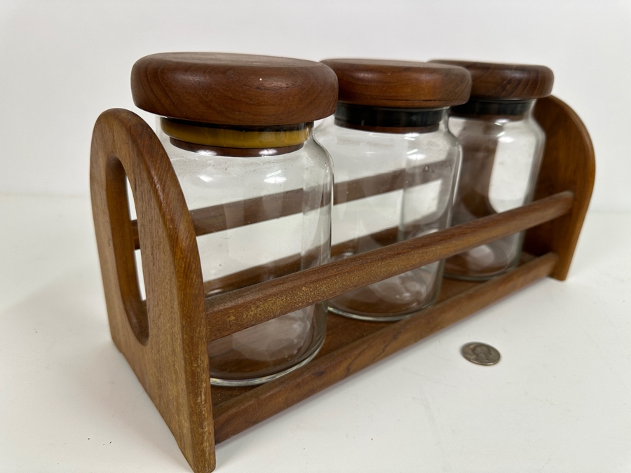 Just Added - Vintage Teak Holder With Three Teak Lidded Glass Jars 13.5W X 5D X 7H [Photo 5]