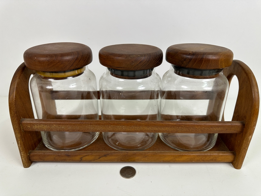 Just Added - Vintage Teak Holder With Three Teak Lidded Glass Jars 13.5W X 5D X 7H [Photo 2]