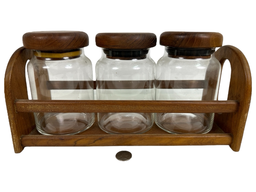 Just Added - Vintage Teak Holder With Three Teak Lidded Glass Jars 13.5W X 5D X 7H [Photo 1]