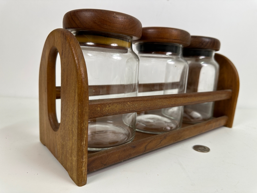 Just Added - Vintage Teak Holder With Three Teak Lidded Glass Jars 13.5W X 5D X 7H [Photo 4]