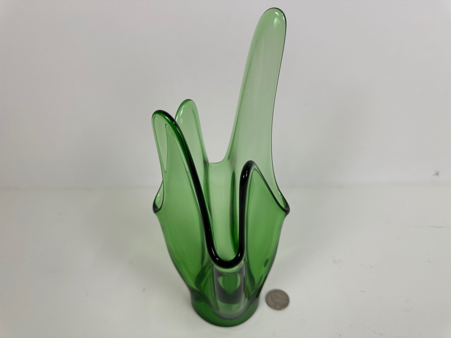 Just Added - Vintage MCM Swung Green Glass Vase 10.5H [Photo 3]