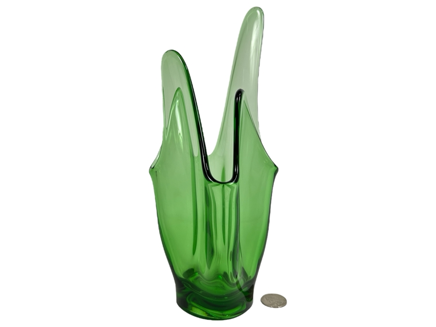 Just Added - Vintage MCM Swung Green Glass Vase 10.5H