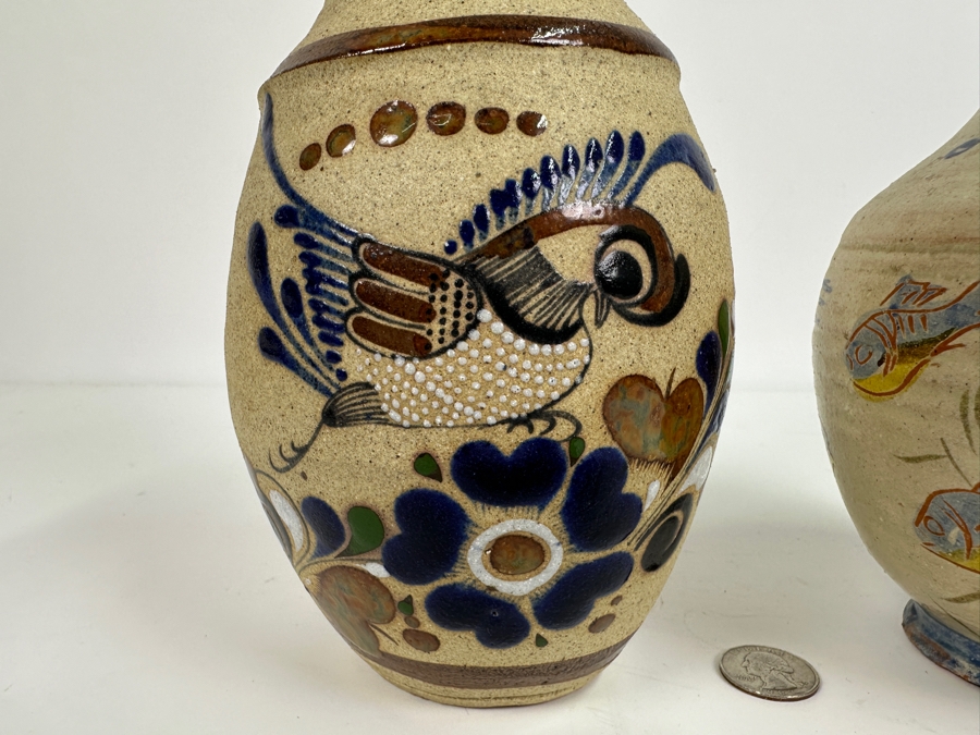 Just Added - Vintage Handmade Mexican Pottery Vase 8H (L) And Handmade Pottery Pitcher With Fish Motif Signed 7H (R) [Photo 3]