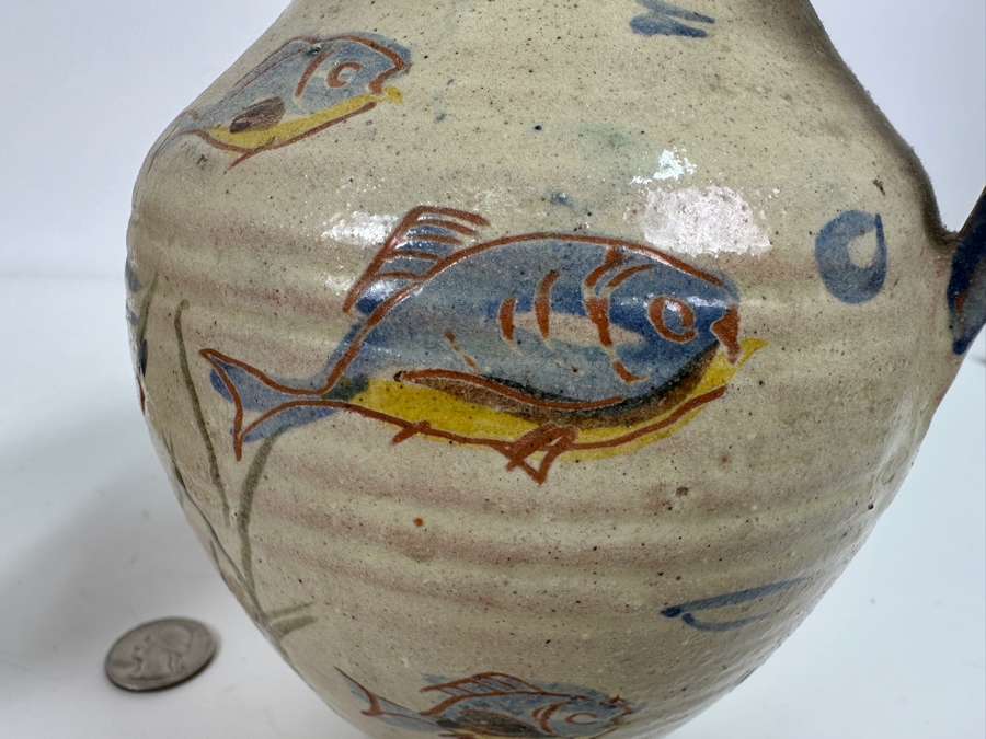 Just Added - Vintage Handmade Mexican Pottery Vase 8H (L) And Handmade Pottery Pitcher With Fish Motif Signed 7H (R) [Photo 5]