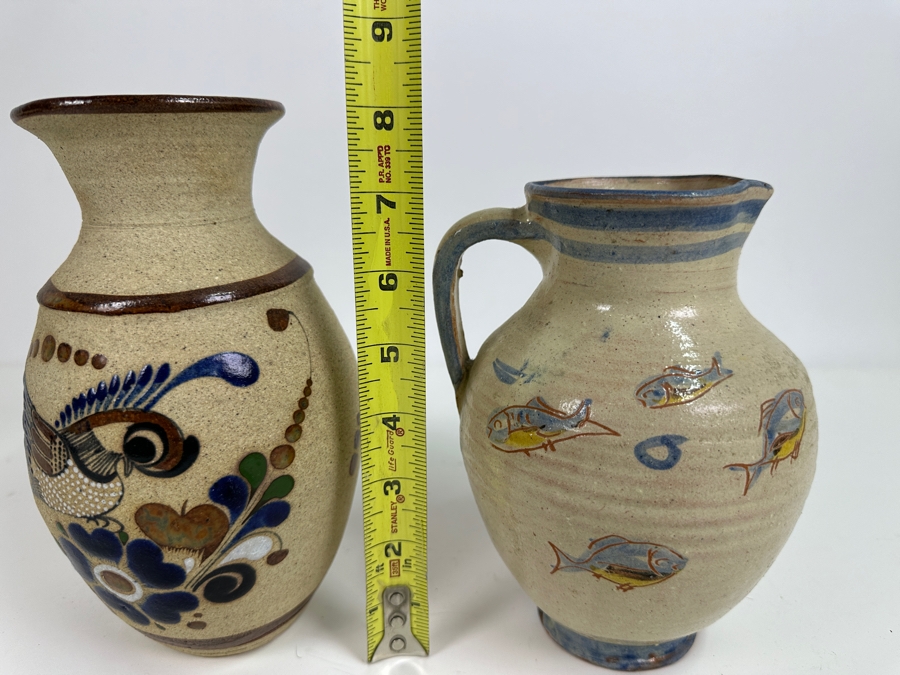 Just Added - Vintage Handmade Mexican Pottery Vase 8H (L) And Handmade Pottery Pitcher With Fish Motif Signed 7H (R) [Photo 10]