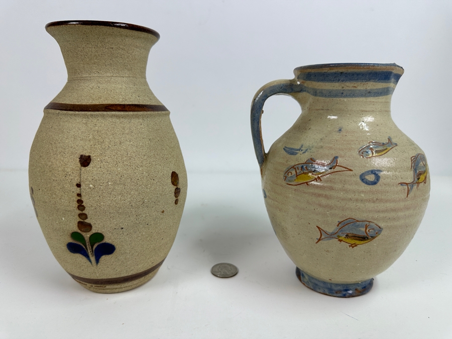 Just Added - Vintage Handmade Mexican Pottery Vase 8H (L) And Handmade Pottery Pitcher With Fish Motif Signed 7H (R) [Photo 4]