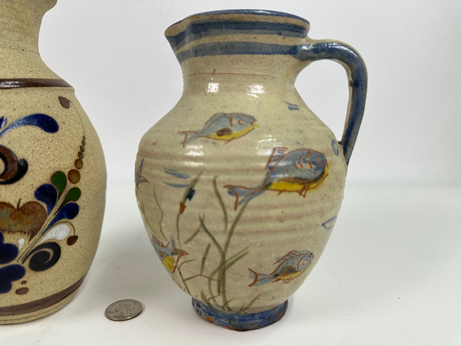 Just Added - Vintage Handmade Mexican Pottery Vase 8H (L) And Handmade Pottery Pitcher With Fish Motif Signed 7H (R) [Photo 2]